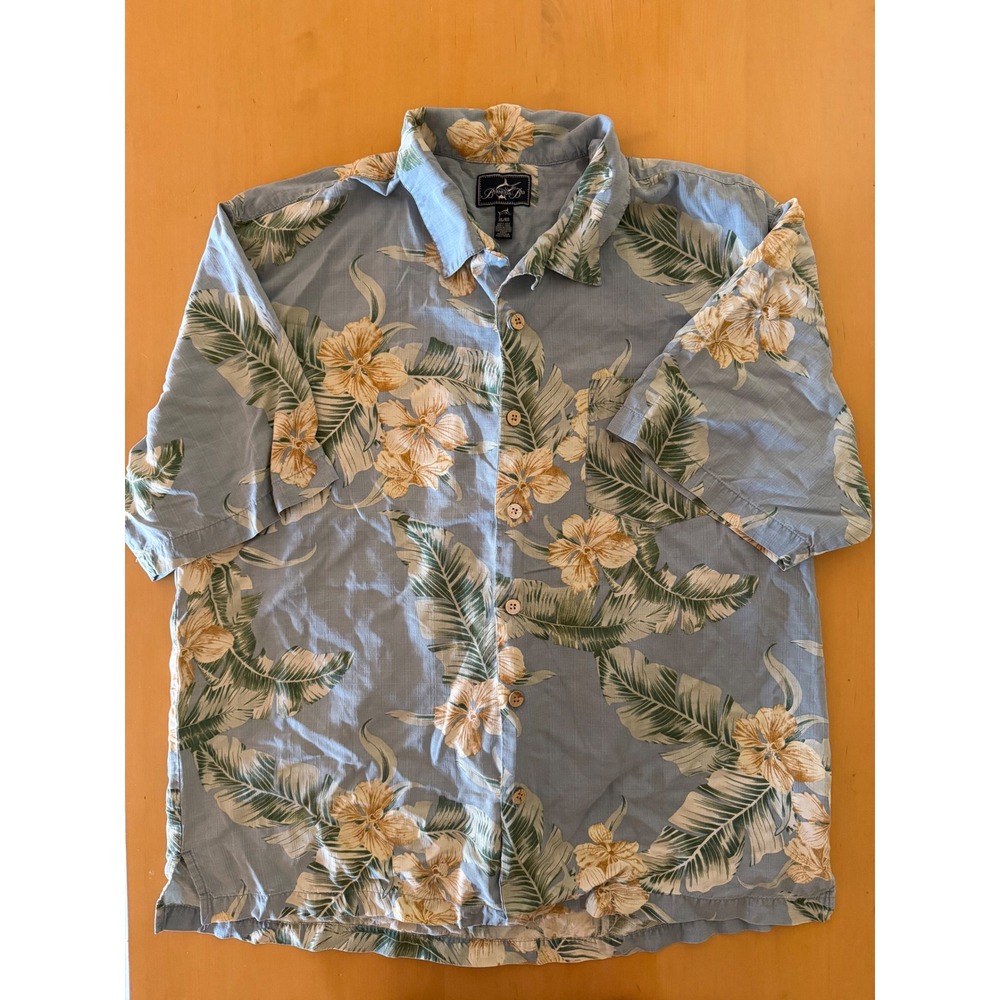 Blue 100% Silk Blue Men's Tropical Floral Palm Short Sleeve Camp Shirt